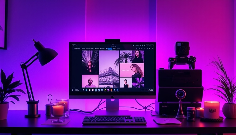 Modern workspace with purple lighting and computer screen, calm ambiance.