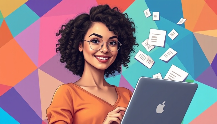 Cartoon of woman with laptop by a digital B2B marketing funnel.