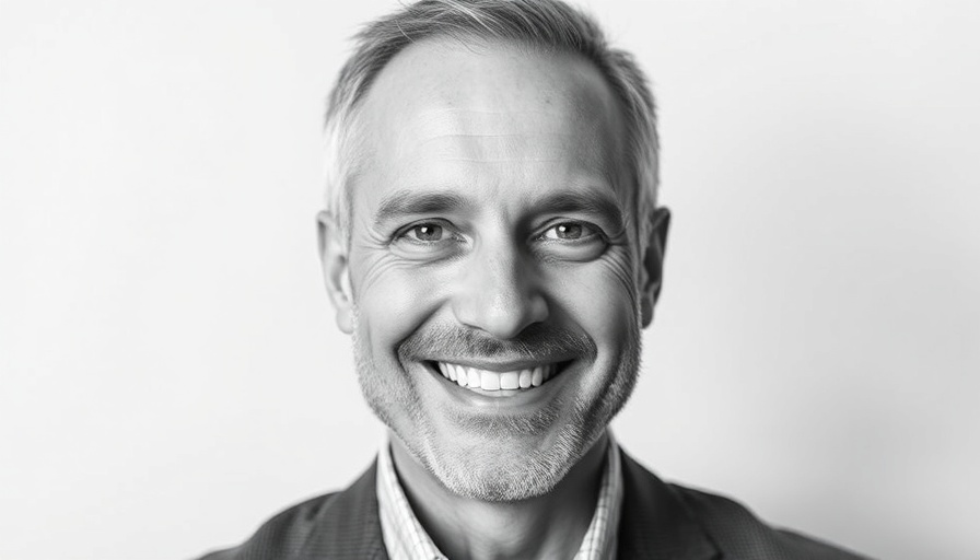 Grayscale portrait of a smiling middle-aged man with neutral expression.