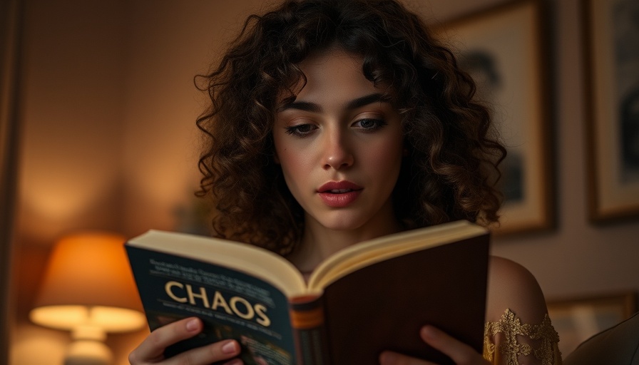 Young woman reading for self-compassion in dim light.