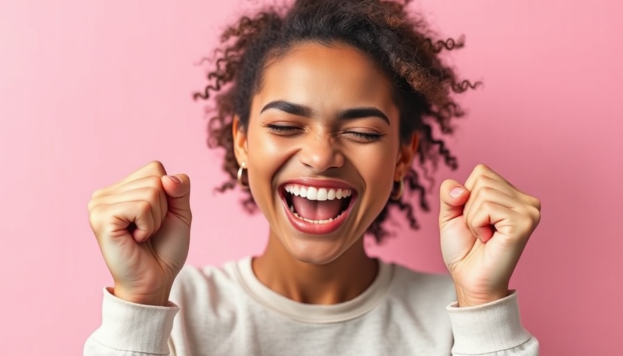 Joyful woman expressing confidence in green sweater.