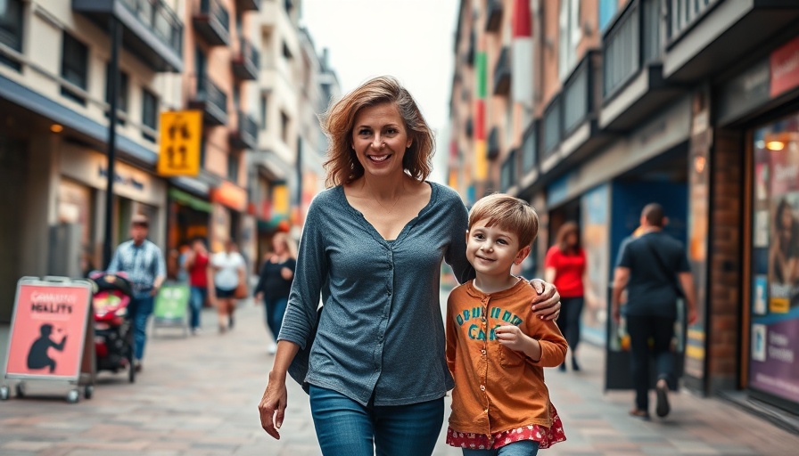 Woman and children walking by health center, urban scene.