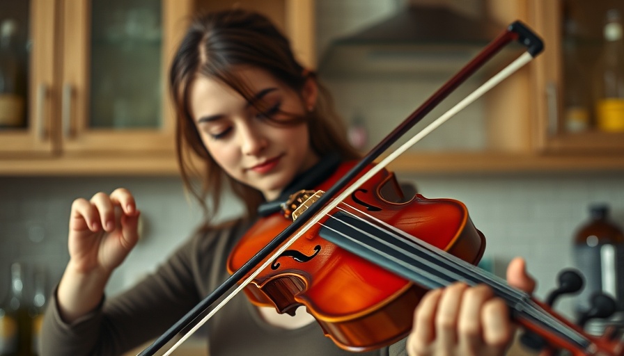 Young woman practicing violin in kitchen using Alexander Technique.