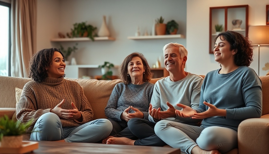 Family practicing mindfulness together in a cozy living room, emphasizing mindfulness for family connection.