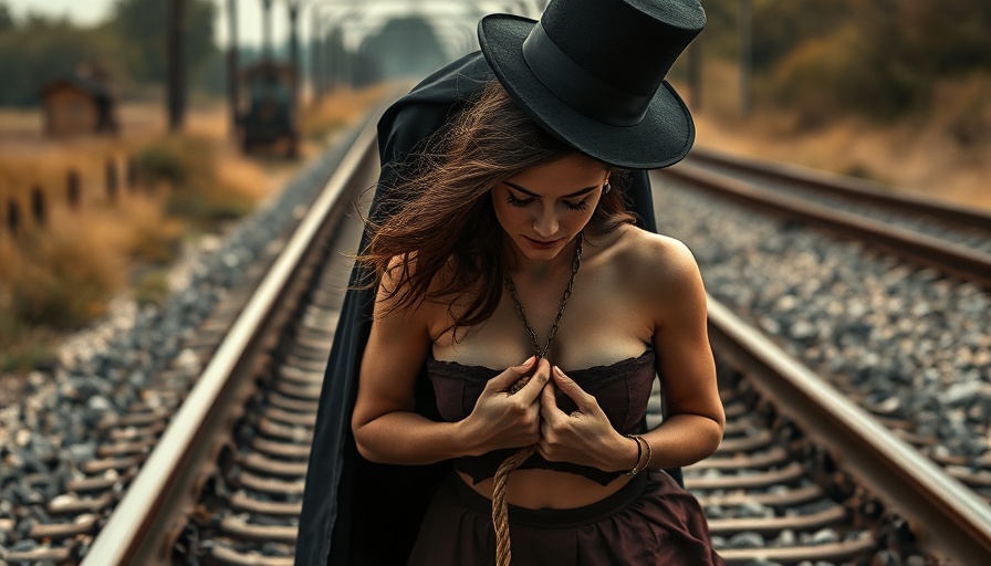 Dramatic vintage scene of a damsel tied to train tracks, Rescuer or Be Rescued theme.