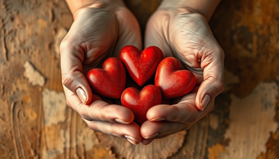 Abstract painting of hands cradling hearts, warmth and care.