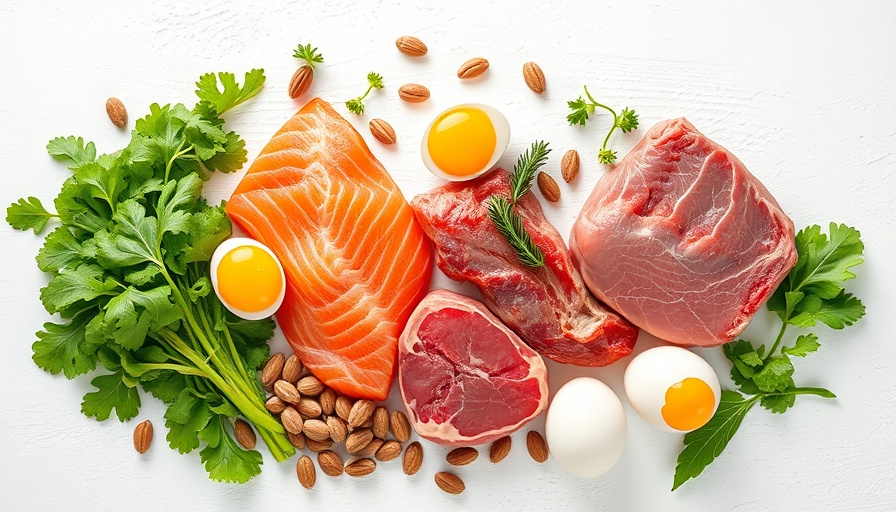 Assorted essential nutrients for children including meats, eggs, and greens.