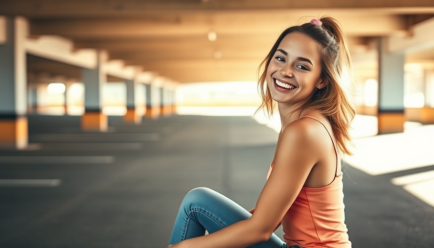 Young woman happily sitting on skateboard in sunlit garage.