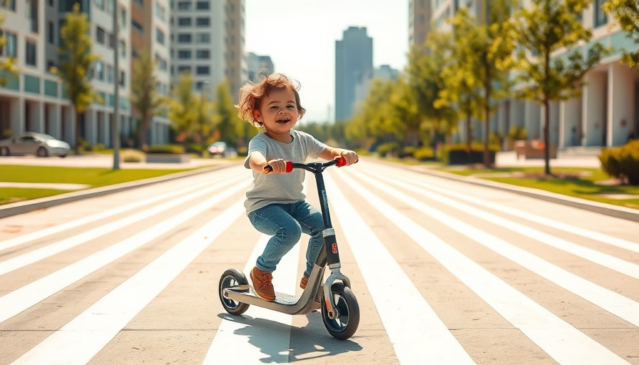 Child on scooter in park with striped paths, exploring mental health themes.