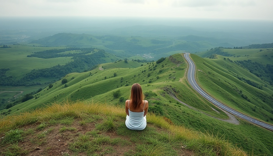 Solitary woman on hill overlooking winding path, representing diagnostic journey of autistic adults.