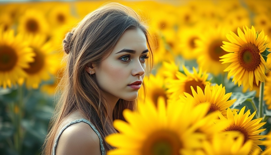 Young woman in a sunflower field, contemplative mood, nature setting.