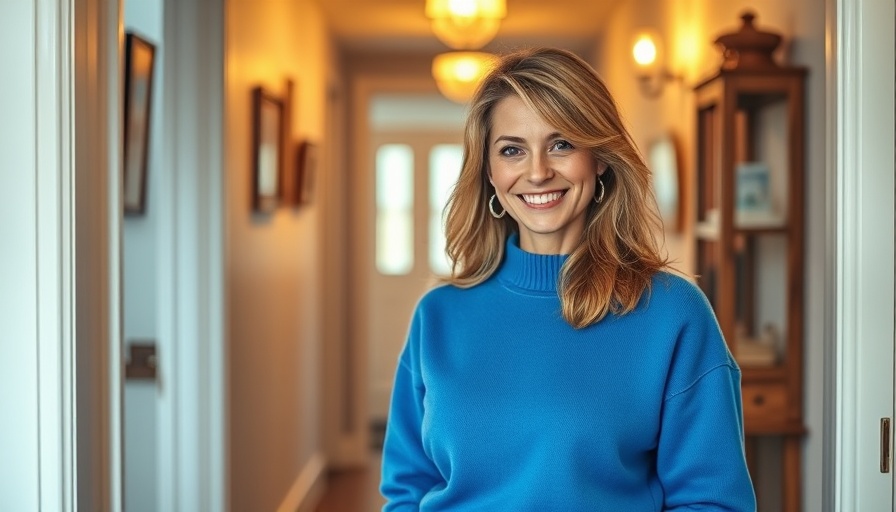 Smiling woman in blue sweater embracing sustainable fashion indoors