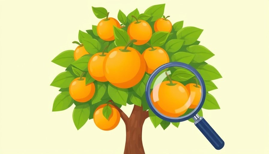 Illustration of low-hanging fruit keywords concept with tree and oranges.