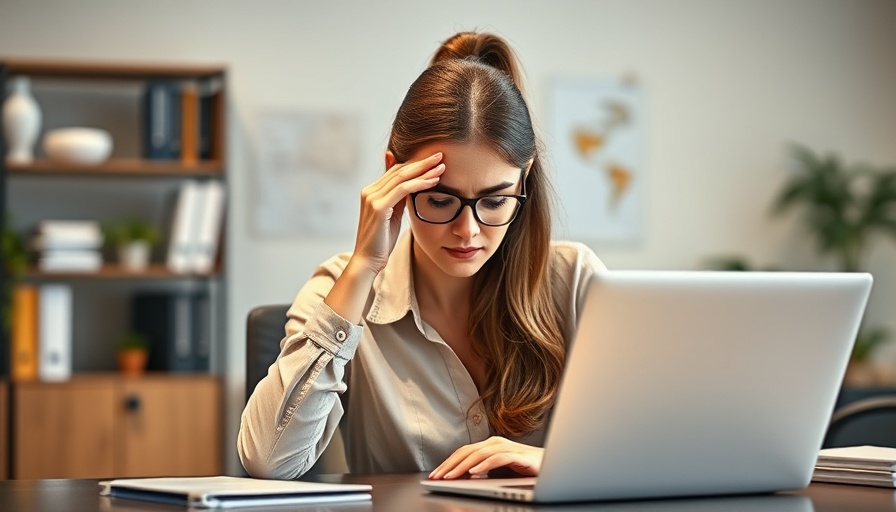 Stressed woman in office coping with Google Shopping fluctuations.