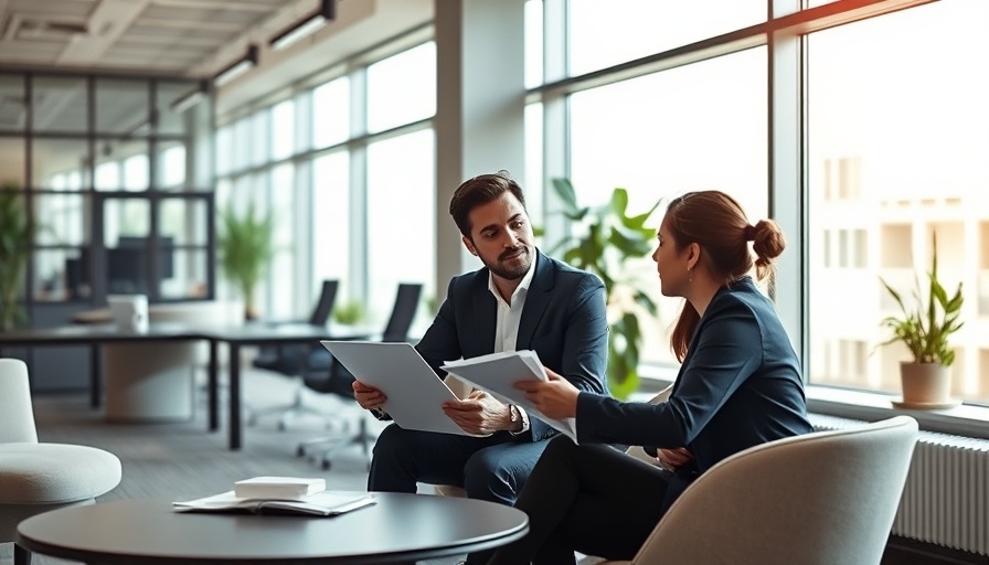 Two professionals in a modern office discussing marketing automation platform features.