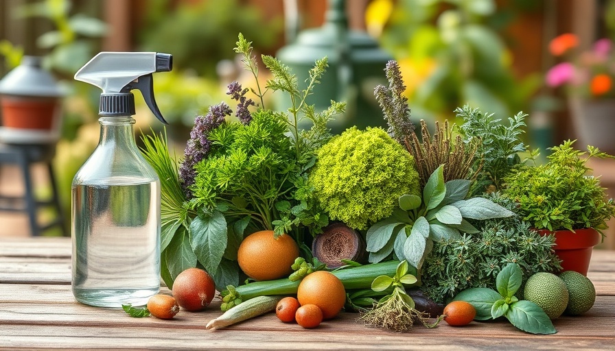 Alternative medicine plants with pesticide bottle on table.