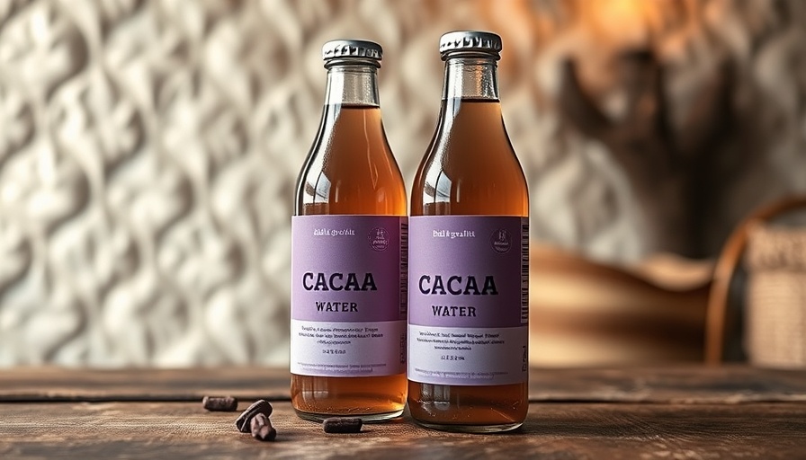 Two cacao water bottles showcasing health benefits.