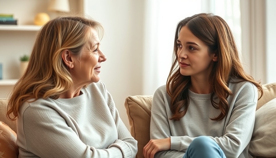 Mother and teen in a heartfelt conversation on a cozy pastel sofa.