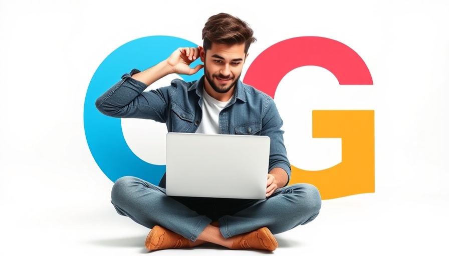 Young man with laptop in front of Google logo, curious pose.