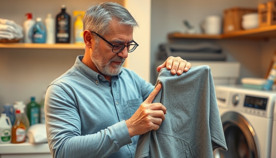 Middle-aged man using stain remover in laundry room, DIY stain removal for parents.