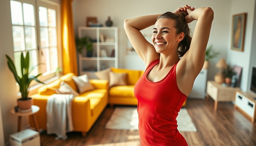 Smiling woman stretching in living room, type of cardio after strength training.