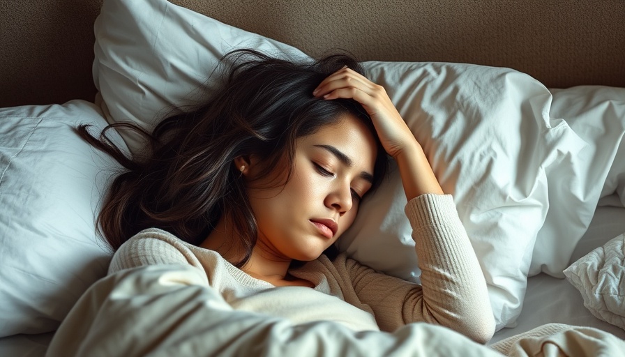 Exhausted woman in bed, hand on forehead, looking sleepy.