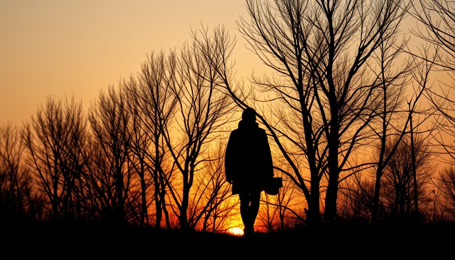 Silhouette of people walking under trees at sunset for mindfulness and emotional resilience.