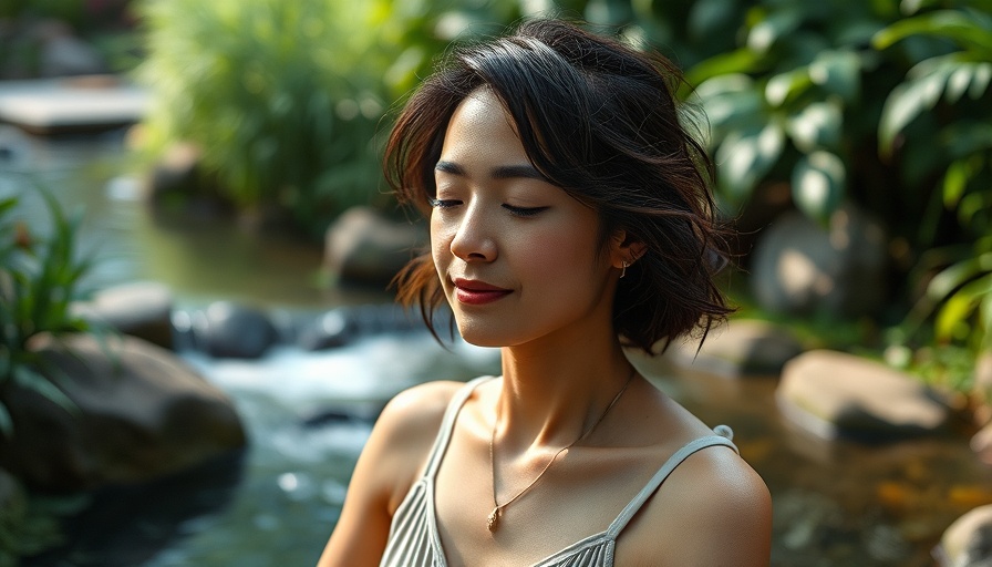 Woman meditating in tranquil garden for guided meditations for anxiety relief.