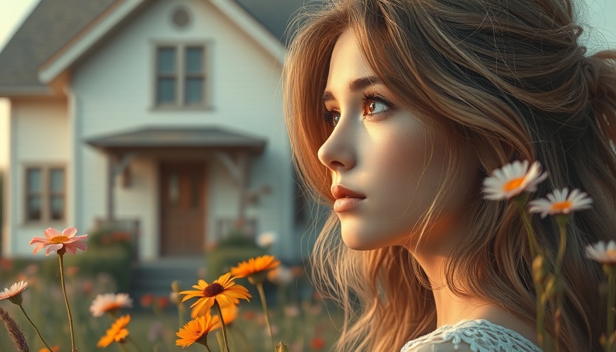 Dreamy scene of a young woman gazing at a house amid colorful flowers.