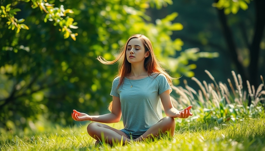 Young woman meditating in nature, promoting mental health awareness.