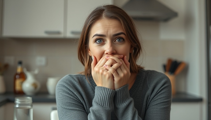 Woman contemplating hidden drinking habits in kitchen setting.