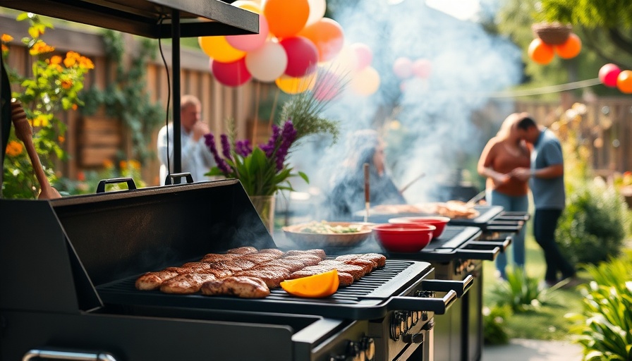 Outdoor barbecue at block party in lush garden with balloons.