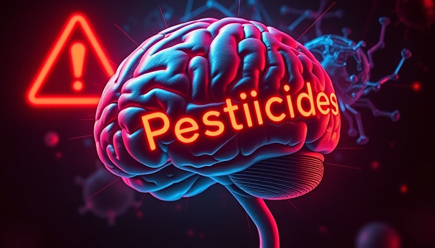 Pesticide exposure warning with brain illustration.