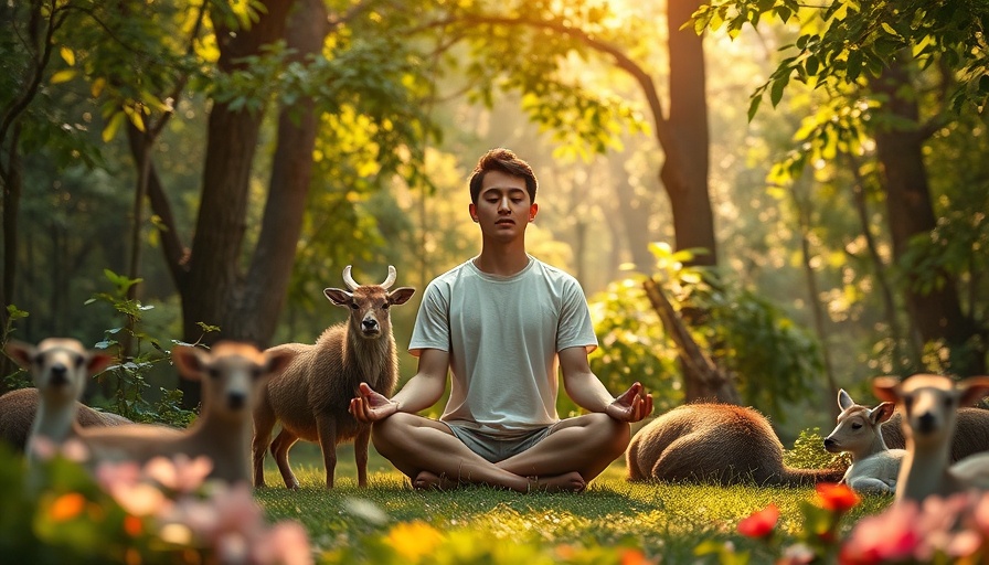 Person meditating with animals in serene forest setting.