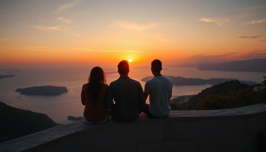 Three friends sharing a moment at sunset with a scenic view.