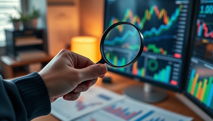 Focused hand examining financial graphs with magnifying glass.