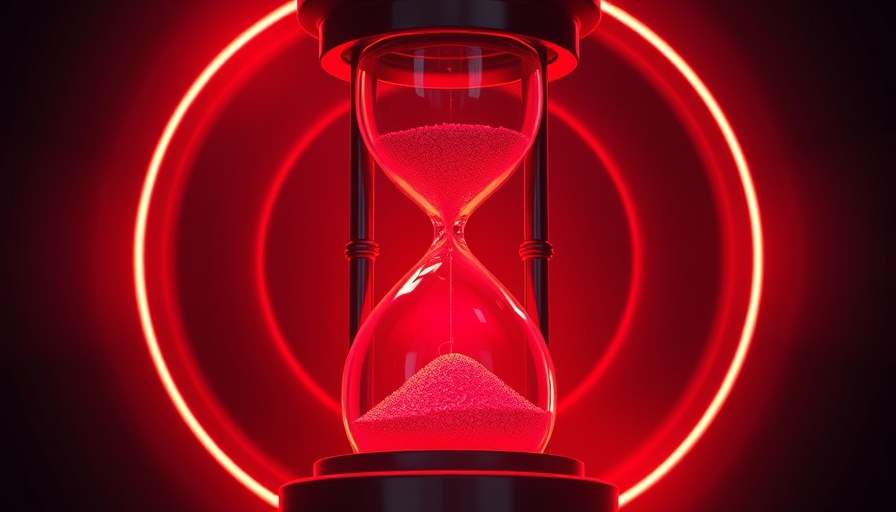 Abstract hourglass with vibrant red neon glow symbolizing time passage.