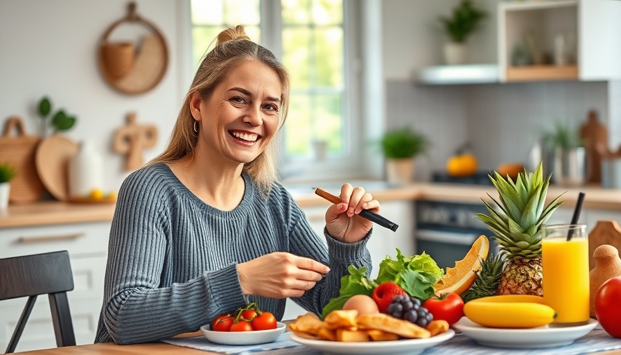 Healthy woman enjoying a meal in a bright kitchen setting.