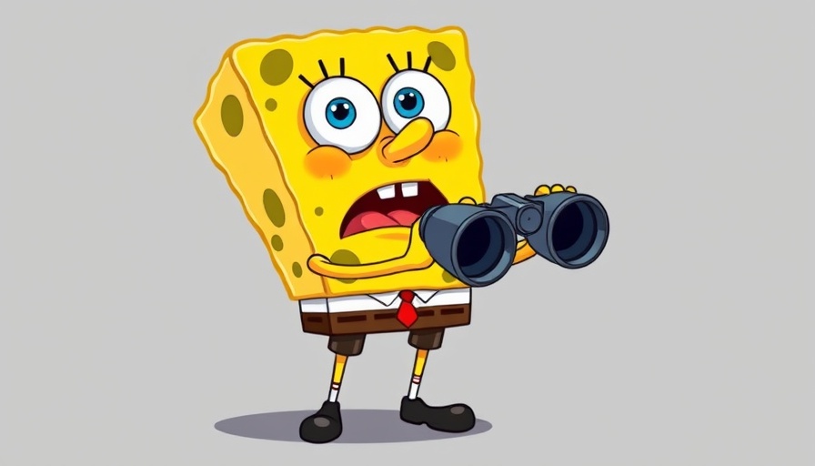 Cartoon sponge character examining with binoculars related to PBM disclosure laws