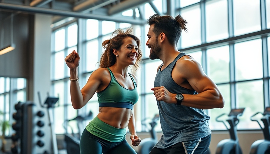 Playful gym pair interacting, Approach Your Gym Crush concept.