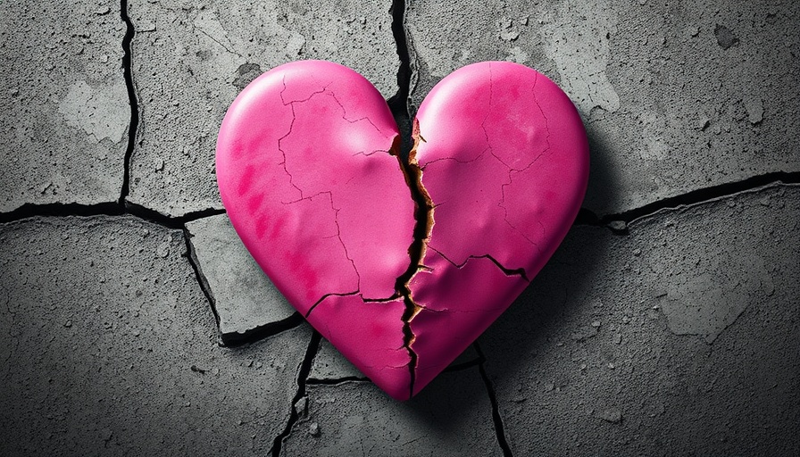 Cracked heart on concrete wall, symbolizing secondary traumatic stress.