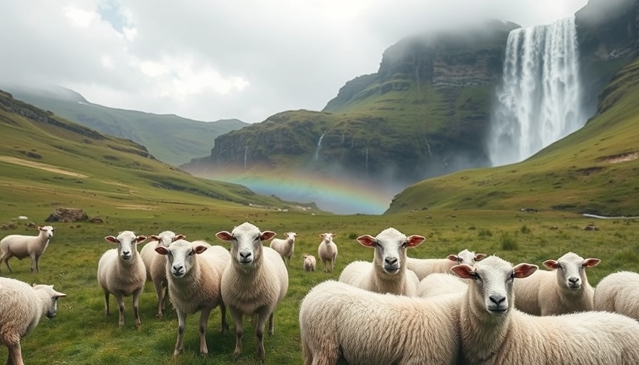 Sheep grazing near a waterfall in a lush green landscape, evoking nature.