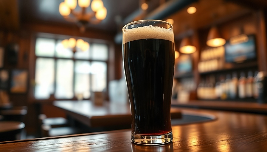 Dark beer in a pint glass on bar counter, warm pub lighting.