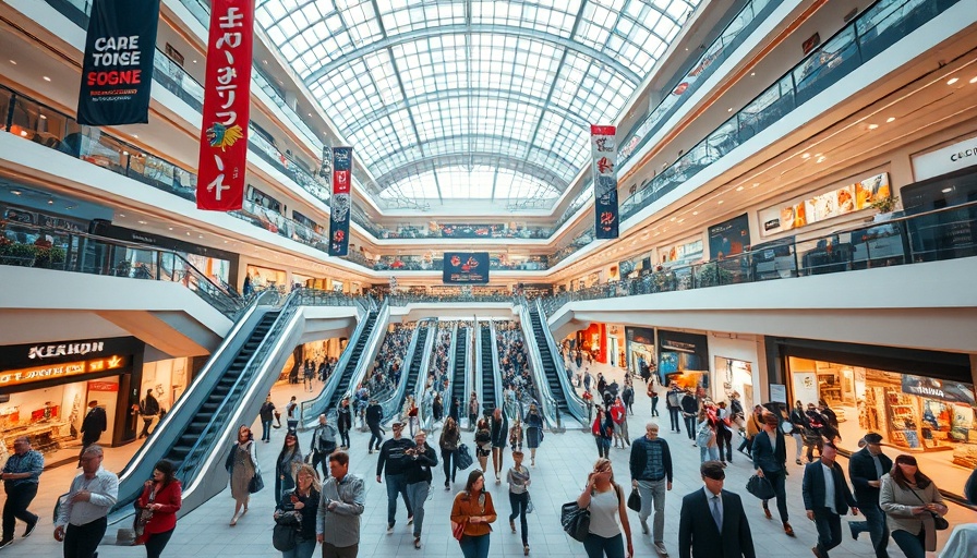 Busy shopping mall interior with many people on escalators.