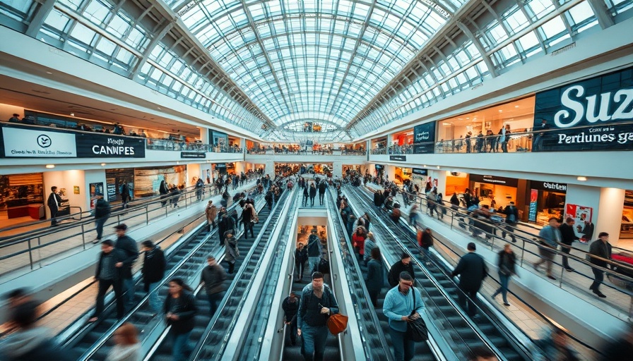 Bustling shopping mall scene reflecting modern architecture and retail hustle.