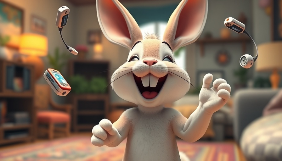 Animated rabbit juggling streaming devices in a cozy room, streaming bundles