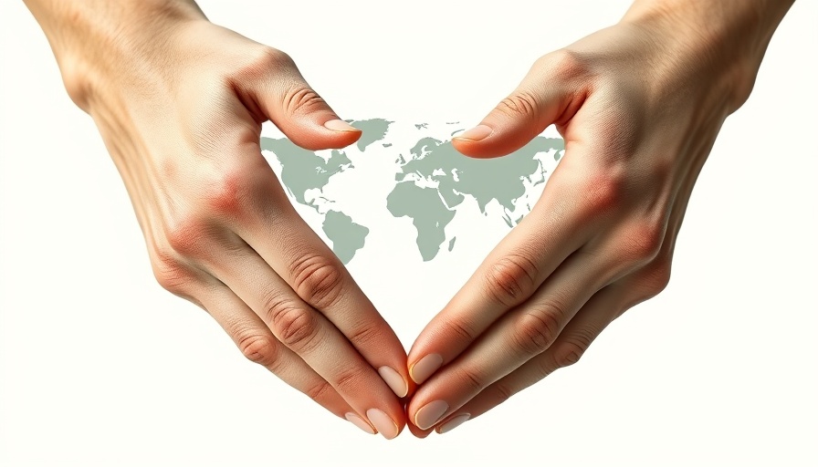 Hands forming heart with world map, message inside.