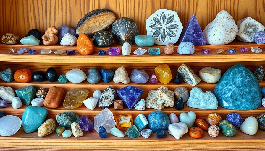 Assorted gemstones on wooden shelves, symbolic of substance abuse recovery.