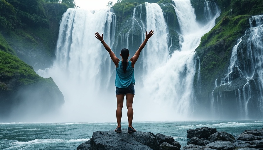 Person embracing mindfulness near a majestic waterfall.