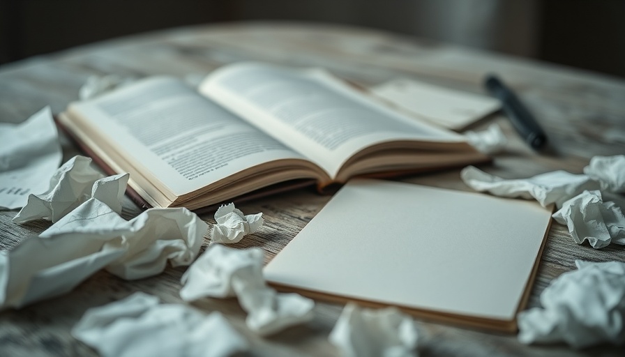 Scattered crumpled papers and open notebook on a table.